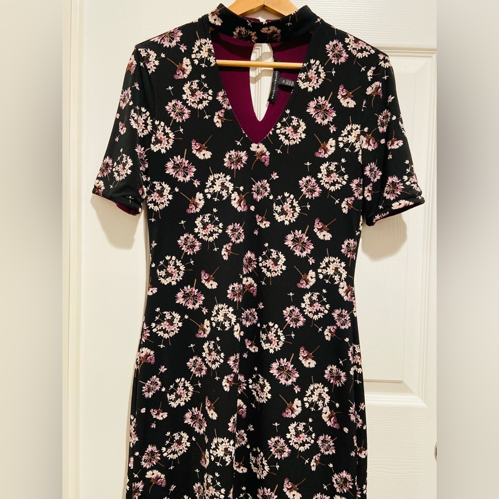 White House Black Market Black Floral V-Neck Dress with Pink Accents